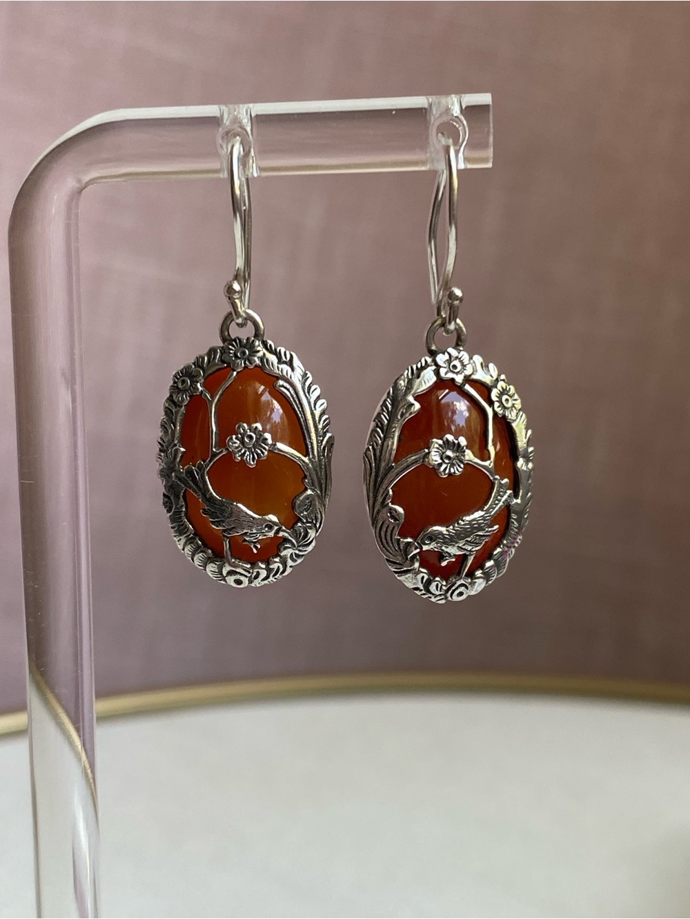 Sterling Silver Floral Frame Carnelian Drop Earrings
